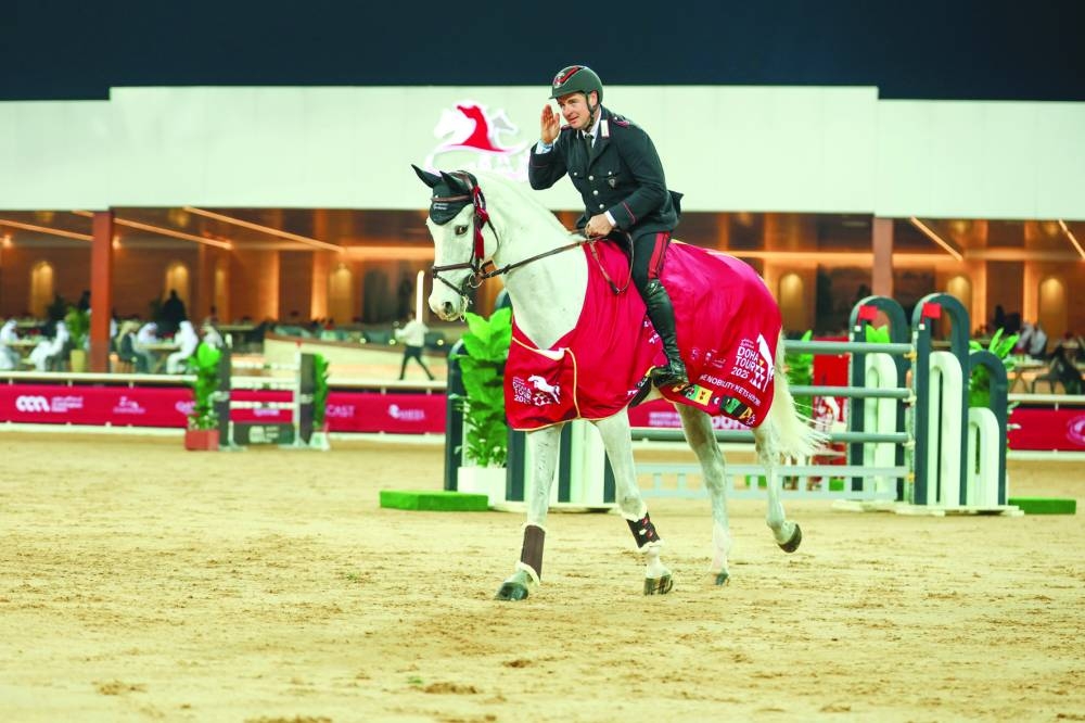 
Emanuele Gaudiano celebrates after winning the CSI4*-W - Faults & Time - 145cm class. 