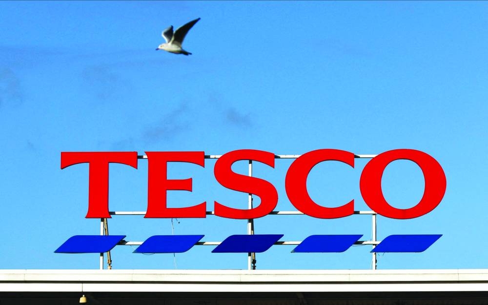 A general view of Tesco Extra store sign, in Warrington, Britain.