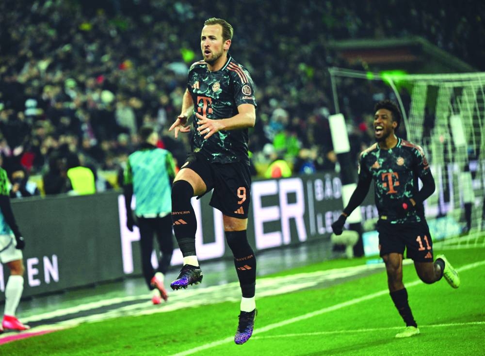 
Bayern Munich’s Harry Kane celebrates scoring after scoring against Borussia Moenchengladbach in the Bundesliga in Moenchengladbach, Germany. (AFP) 