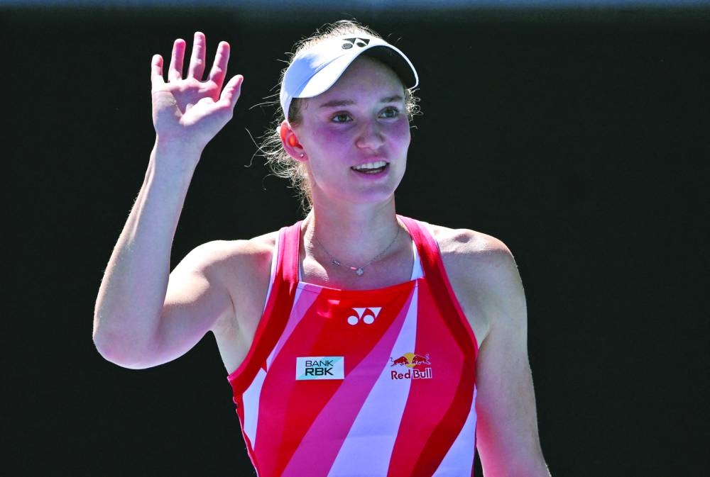 Kazakhstan’s Elena Rybakina celebrates winning her first round match against Australia’s Emerson Jones on Tuesday. (Reuters)