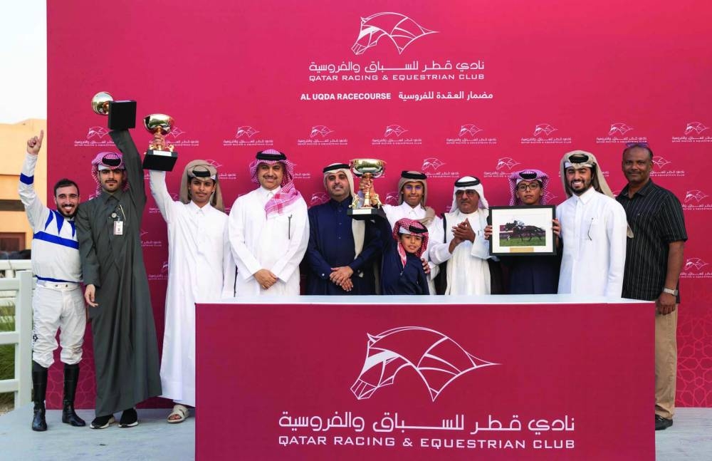 Connections of Gold Fleece celebrate after the mare won the Khor Al Adaid Cup at Al Uqda Racecourse on Thursday. PICTURE: Juhaim
