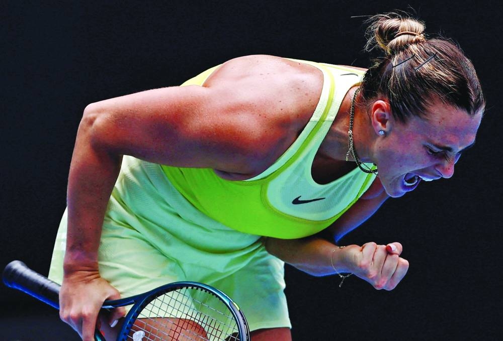 Belarus’ Aryna Sabalenka reacts during her third-round match against Denmark’s Clara Tauson at the Australian Open in Melbourne on Friday. (Reuters)