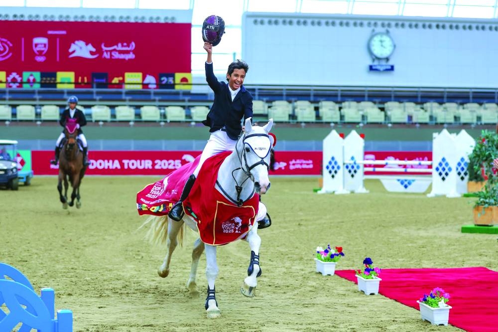 Abdullah bin Tamim bin Hamad al-Thani astride grey mare Cassandra is thrilled after winning the CSI1* - Faults & Time - 1.10m class during the second round of the Doha International Equestrian Tour at Al Shaqab on Friday.