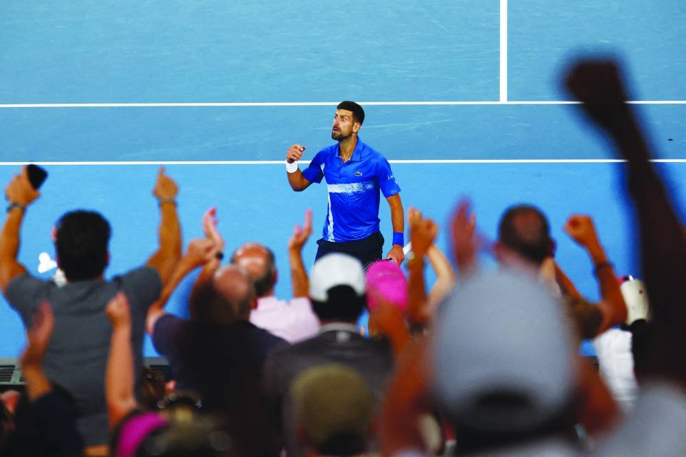 Serbia’s Novak Djokovic reacts during his fourth round match against Czech Republic’s Jiri Lehecka at the Australian Open in Melbourne yesterday. (Reuters)
