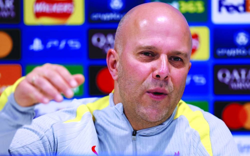 Liverpool manager Arne Slot speaks during the press conference on Monday, ahead of the Champions League match against Lille. (Reuters)