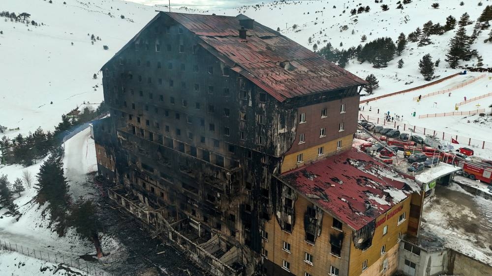 A drone view shows the aftermath of a fire at a hotel in the ski resort of Kartalkaya in Bolu, Turkiye, on Tuesday. REUTERS