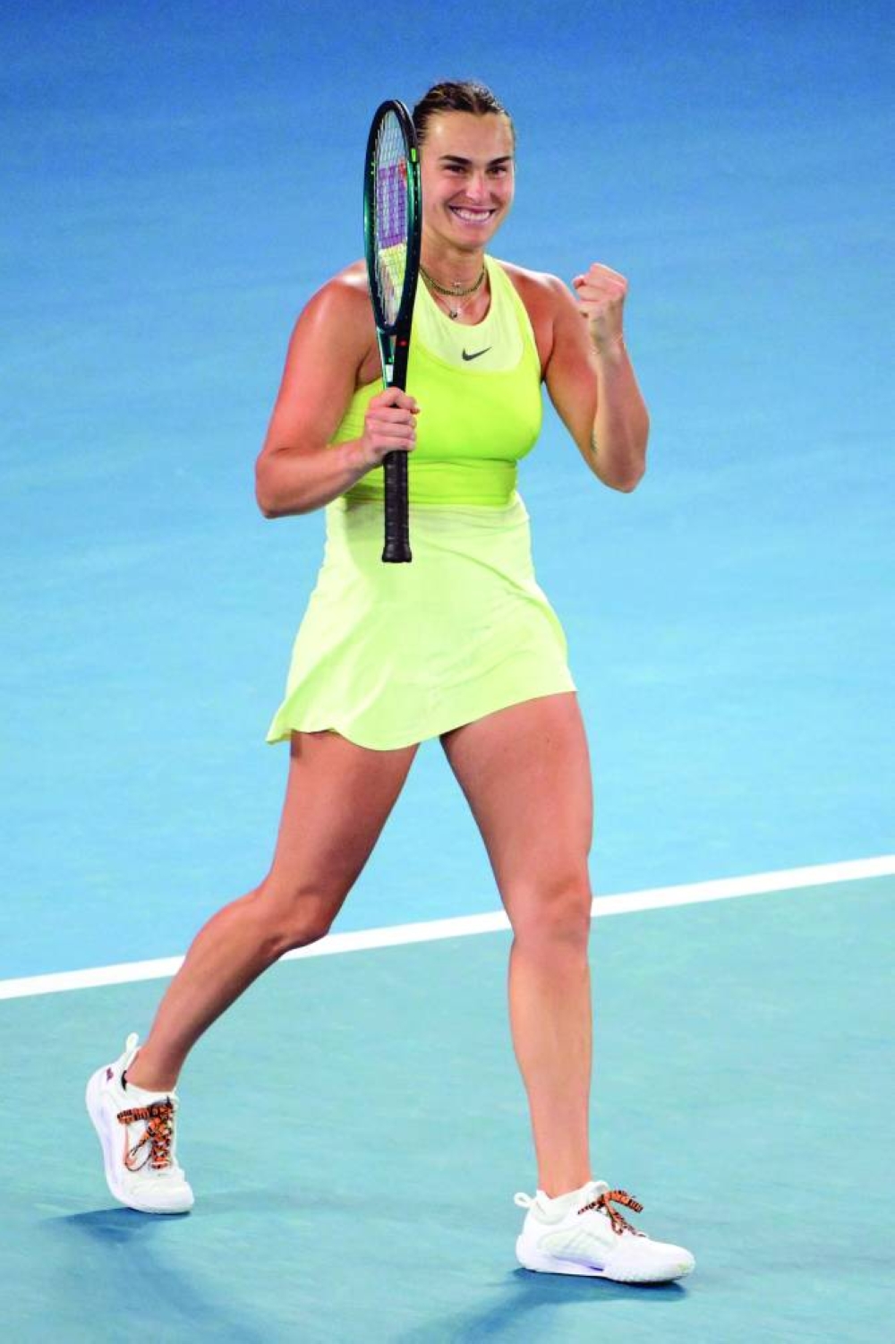 Belarus’ Aryna Sabalenka celebrates after her victory against Russia’s Anastasia Pavlyuchenkova during the Australian Open quarter-final on Tuesday. (AFP)