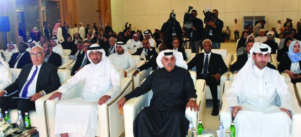 HE Abdullah bin Khalifa al-Attiyah (second from right), HE Ibrahim bin Ali al-Mohannadi, Minister of Justice and Minister of State for Cabinet Affairs, (second from left) at the opening of the conference.