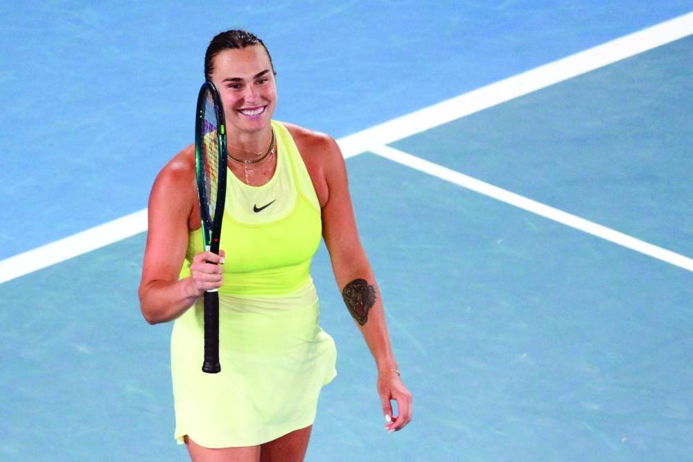 Belarus’ Aryna Sabalenka celebrates her victory against Spain’s Paula Badosa in the Australian Open semi-final in Melbourne on Thursday. (AFP)
