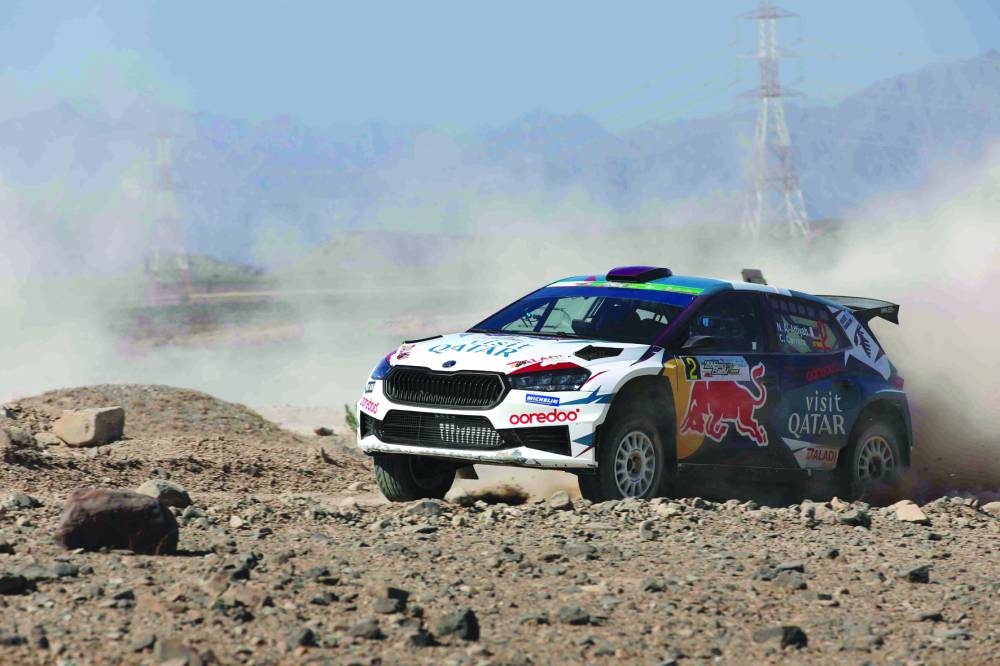 Qatar’s Nasser Saleh al-Attiyah and co-driver Candido Carrera of Spain in action during day two of the 28th Oman International Rally on Friday.