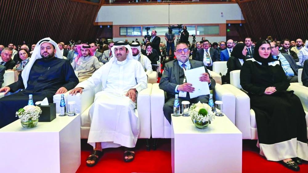 From left HE Dr Mohammed bin Abdulaziz bin Saleh al-Khulaifi, HE Sheikh Abdulrahman bin Hamad al-Thani, Dr Azmi Bishara, HE Maryam bint Ali bin Nasser al-Misnad, attending the opening session of the forum Saturday.