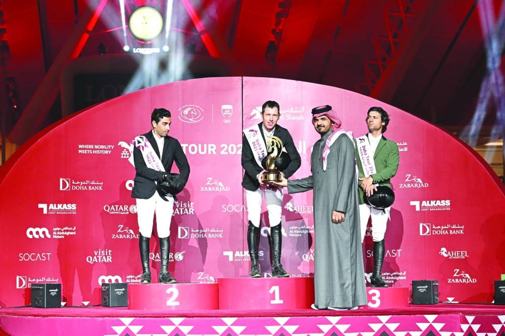 HE Sheikh Joaan bin Hamad al-Thani, President of the Qatar Olympic Committee and Chairman of Al Shaqab, crowned the podium winners of the CSI5* Grand Prix class in the third and final round of Doha International Equestrian Tour at Al Shaqab on Saturday.