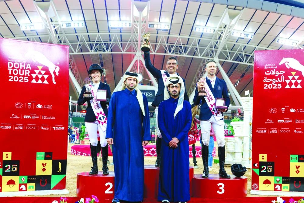 Spain’s Mariano Martinez Bastida celebrates after winning the CSI3* - Grand Prix - Jump Off - 1.50m class on Saturday. Germany’s Janne F. Meyer-Zimmermann finished second, while South Africa’s Oliver Lazarus was third. The winners were crowned by Sheikh Mohammed bin Fahad al-Thani, representing Doha Bank, and Sheikh Ahmed bin Noah al-Thani, member of the tournament’s organising committee and Secretary-General of the Qatar Equestrian Federation.