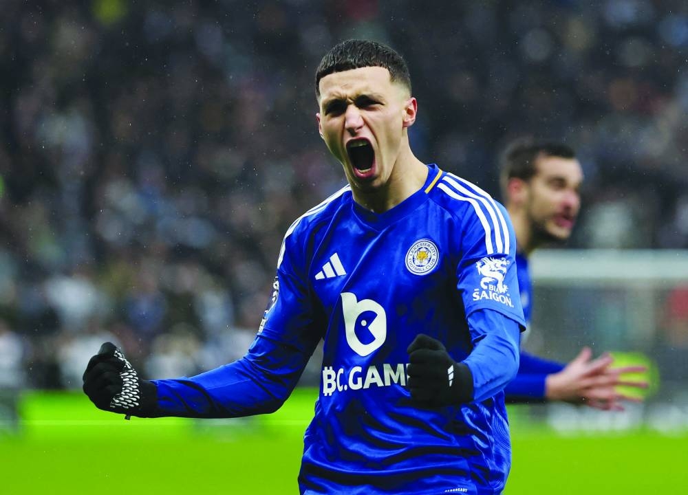 Leicester City's Bilal El Khannouss celebrates scoring their second goal against Tottenham Hotspur Tottenham in London yesterday. (Reuters) 