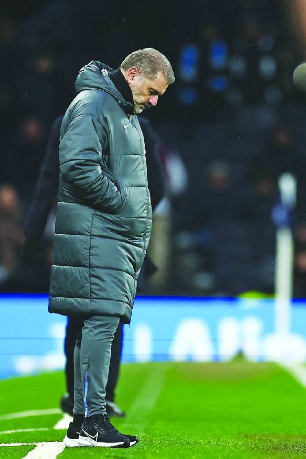
Tottenham Hotspur’s coach Ange Postecoglou reacts on the touchline yesterday. (AFP) Leicester City’s Bilal El Khannouss celebrates scoring their second goal during the Premier League match against Tottenham Hotspur in London yesterday. (Reuters) 