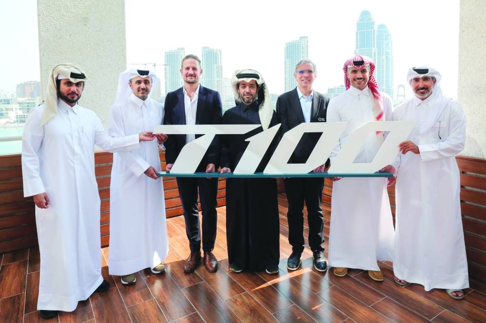 CEO of Visit Qatar Eng. Abdulaziz al-Mawlawi, President of World Triathlon Antonio Fernandez Arimany, CEO of Professional Triathletes organisation Sam Renouf, Qatar Cycling and Triathlon Federation President Abdulaziz al-Tamimi and other officials pose after the press conference in Doha on Tuesday.