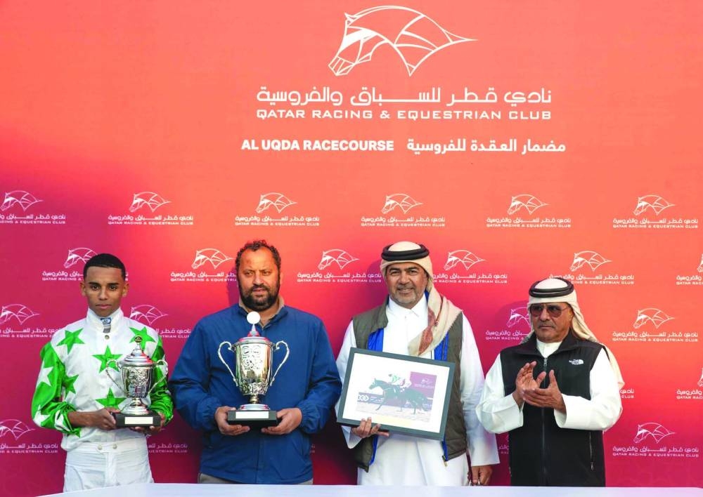 
Connections of Al Warkah celebrate after the six-year-old mare’s win. 