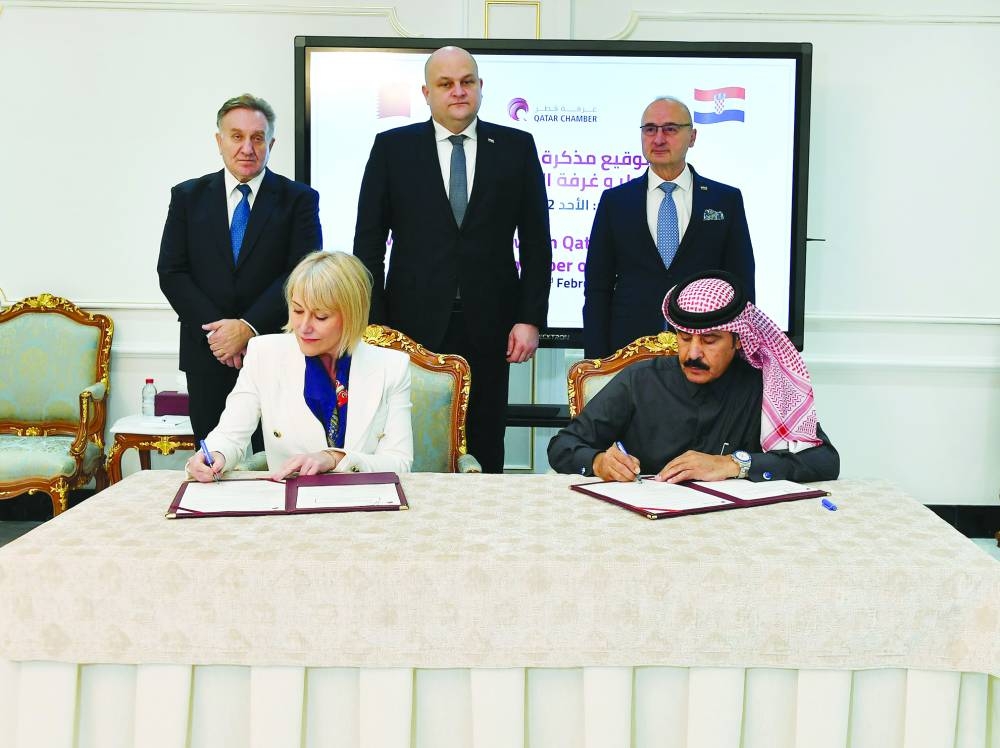 Qatar Chamber second vice-chairman Rashid bin Hamad al-Athba and  Marina Ruzic, secretary-general of the Croatian Chamber of Economy, signing a MoU in the presence of top Croatian officials, Ante Šusnjar, Minister of Economy and Sustainable Development; Dr Gordan Grlić Radman, Minister of Foreign Affairs; and Drago Lovric, ambassador of the Republic of Croatia to Qatar.