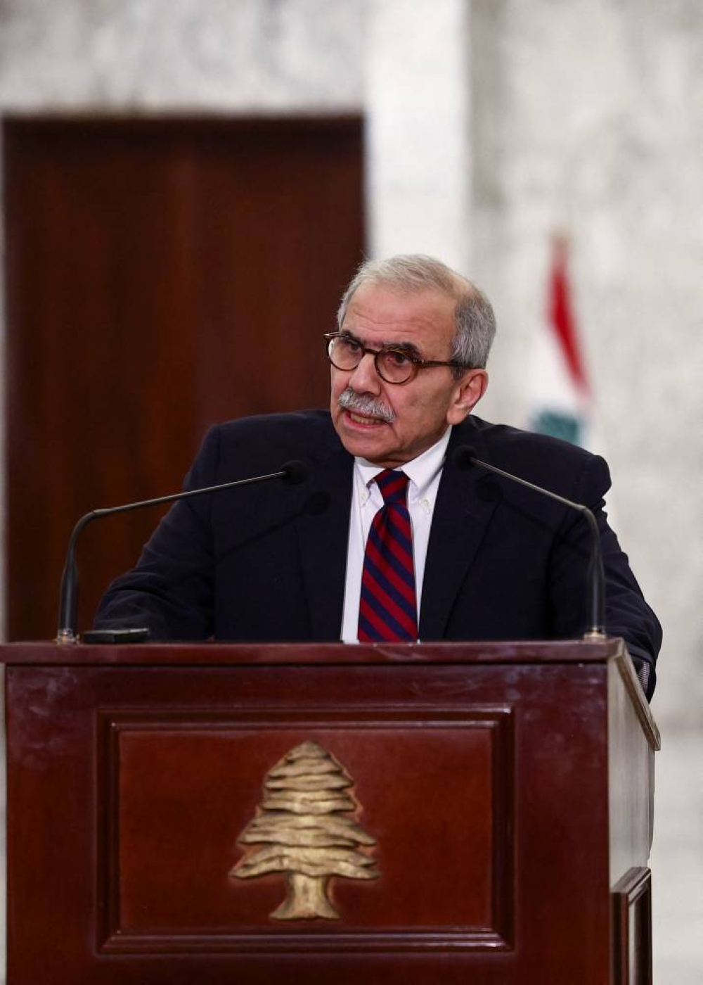 Lebanese Prime Minister Nawaf Salam speaks to the press following the formation of the new government at the presidential palace in Baabda, Lebanon, on Saturday REUTERS