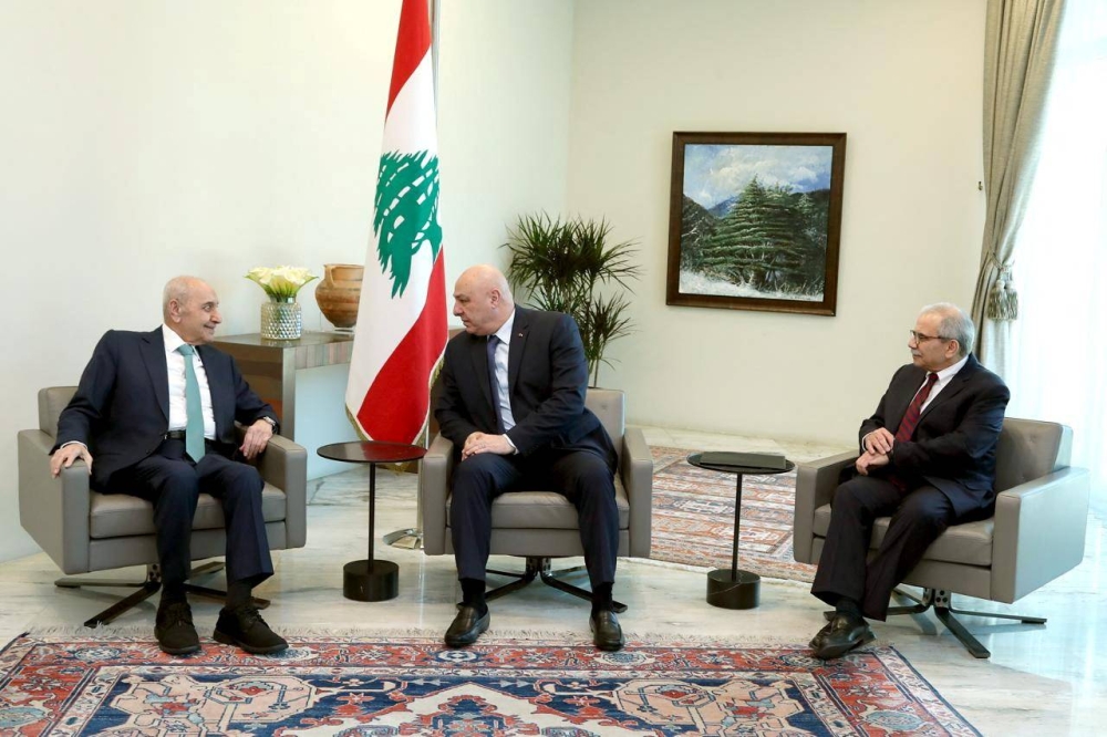 Lebanese Parliament Speaker Nabih Berri, President Joseph Aoun and Prime Minister-designate Nawaf Salam meet at the Presidential Palace in Baabda, Lebanon, on Saturday. Lebanese Presidency Press Office/Handout via REUTERS