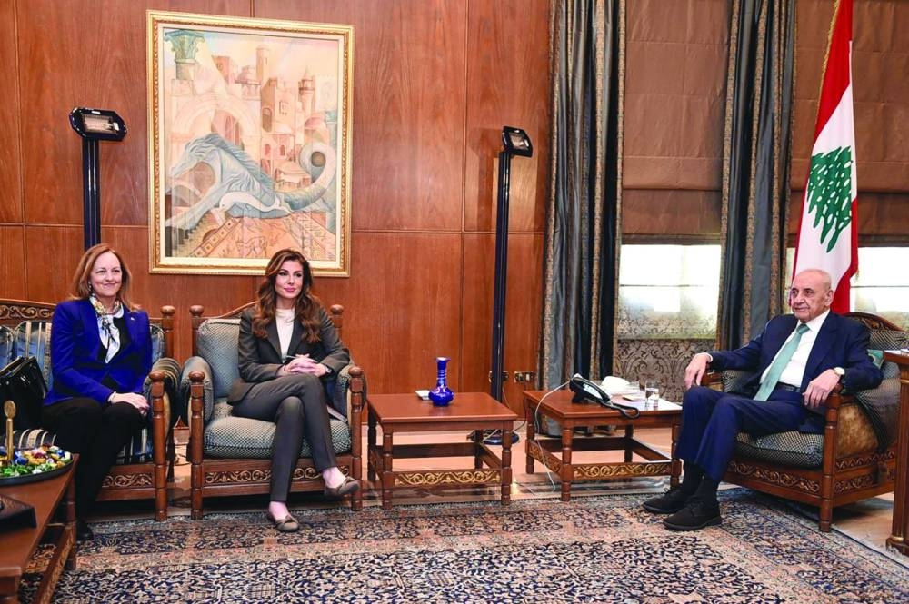 
US deputy special envoy for the Middle East Morgan Ortagus meets with Lebanese Parliament Speaker Nabih Berri in Beirut yesterday. 