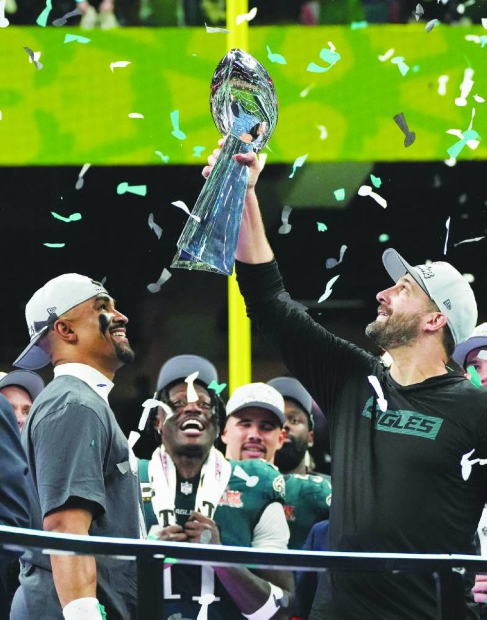 
Philadelphia Eagles’ quarterback Jalen Hurts (left) and head coach Nick Sirianni celebrate with the Vince Lombardi Trophy after winning the Super Bowl against Kansas City Chiefs. 