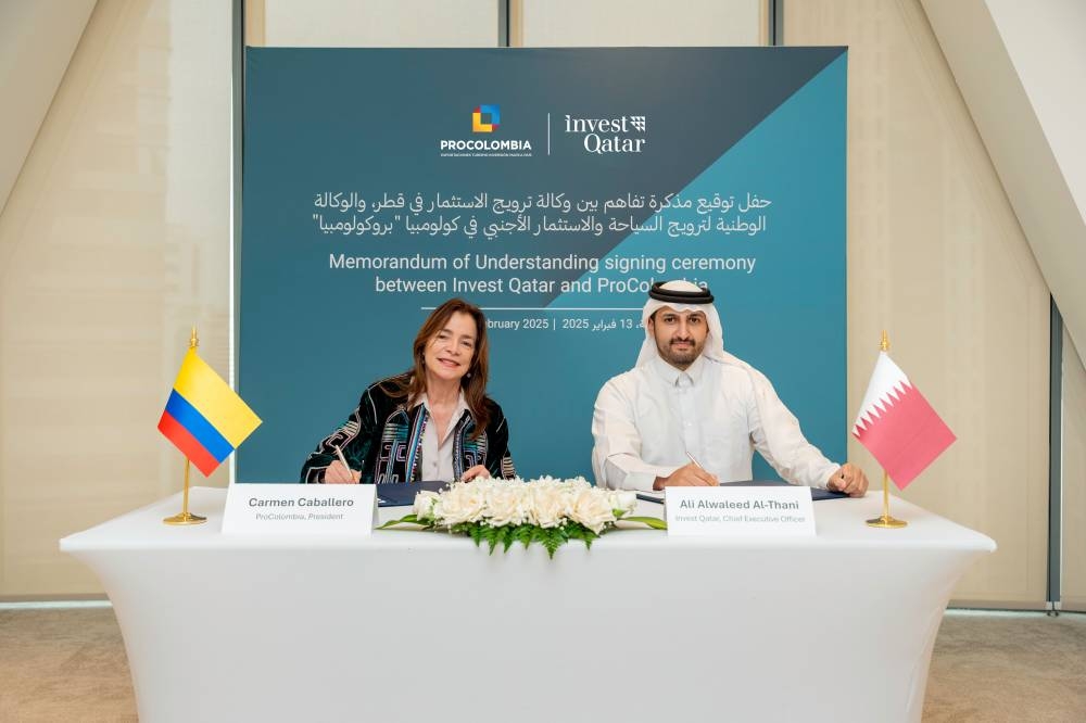 Invest Qatar and ProColombia, the national agency responsible for promoting tourism and foreign investment in Colombia, have announced a strategic partnership to strengthen economic ties and foster bilateral trade and investment relations between Qatar and Colombia. 
The agreement was signed by Sheikh Ali Alwaleed al-Thani, CEO of Invest Qatar and Carmen Caballero Villa, President of ProColombia.