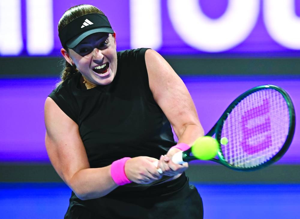 Jelena Ostapenko of Latvia hits a return during her quarter-final match against Ons Jabeur of Tunisia on Thursday. Picture: Noushad Thekkayil