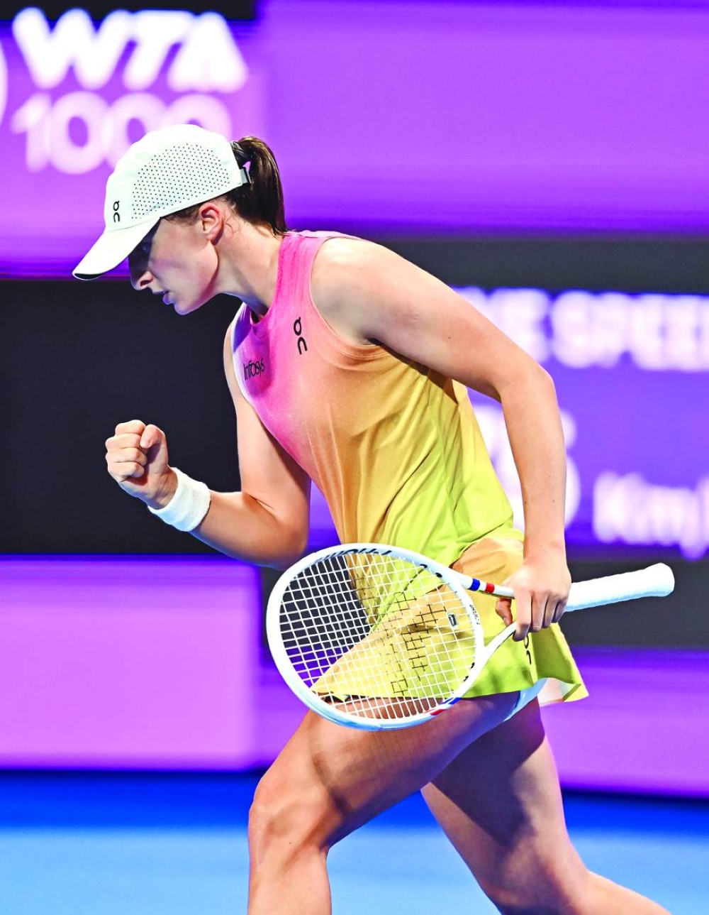 Iga Swiatek of Poland celebrates after winning her quarter-final match against Elena Rybakina of Kazakistan at the Qatar TotalEnergies Open in Doha on Thursday. Picture: Noushad Thekkayil