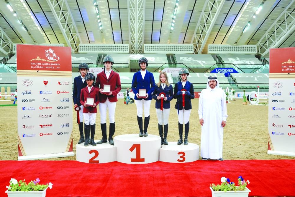 
Winner of the Future Riders’ 80cm class Hayfa bint Hamad J al-Thani poses with other top five finishers. 