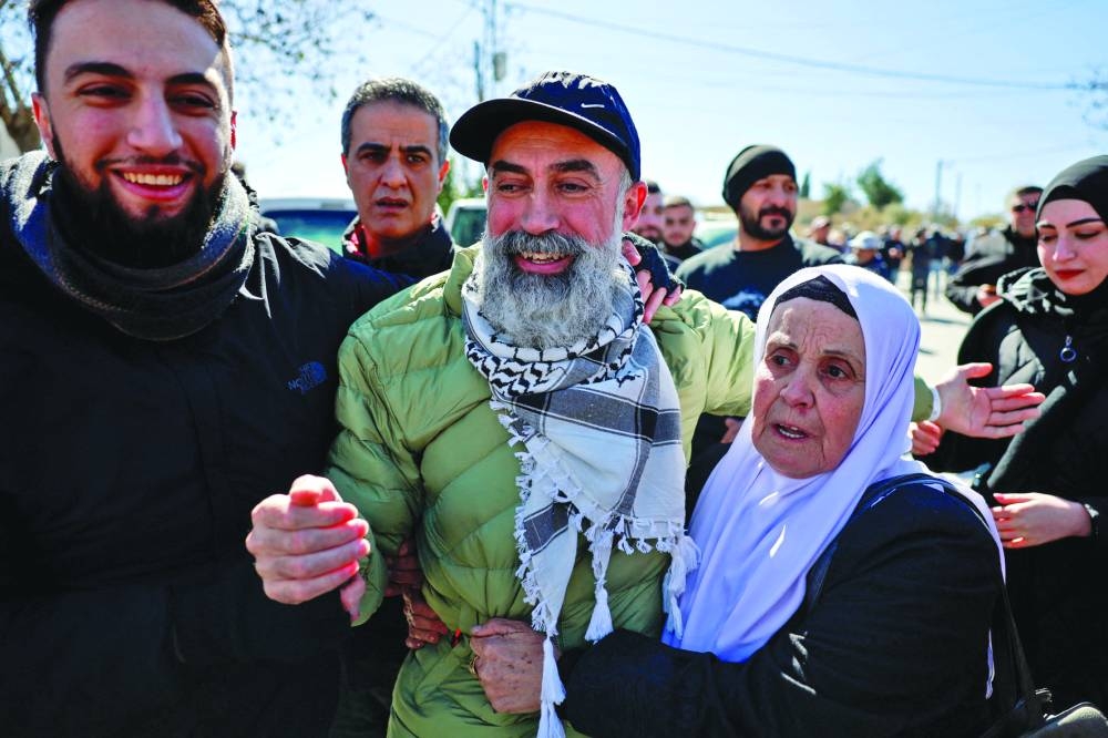 
A freed Palestinian prisoner reacts after being released from an Israeli jail as part of a hostages-prisoners swap and a ceasefire deal in Gaza between Hamas and Israel, in Ramallah, in the occupied West Bank, yesterday. 