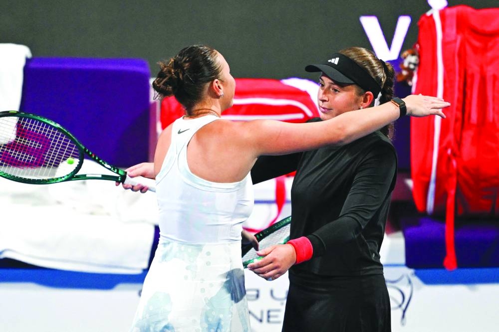 Latvia’s Jelena Ostapenko congratulates Qatar TotalEnergies Open winner Amanda Anisimova of the US after their final at the Khalifa International Tennis Complex in Doha. PICTURES: Noushad Thekkayil
