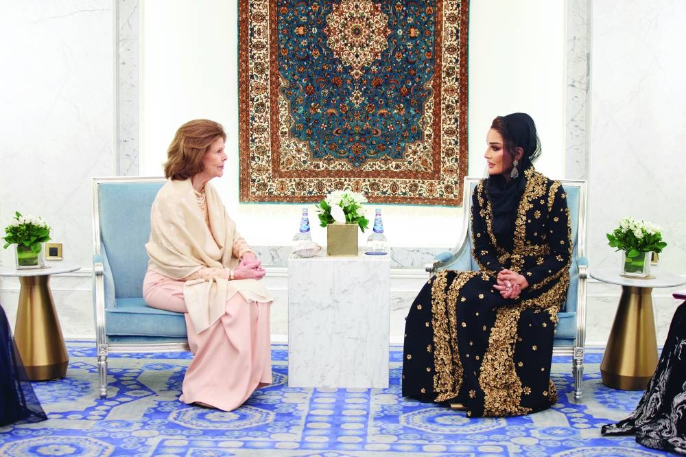 Her Highness Sheikha Moza bint Nasser meets with Queen Silvia of Sweden.