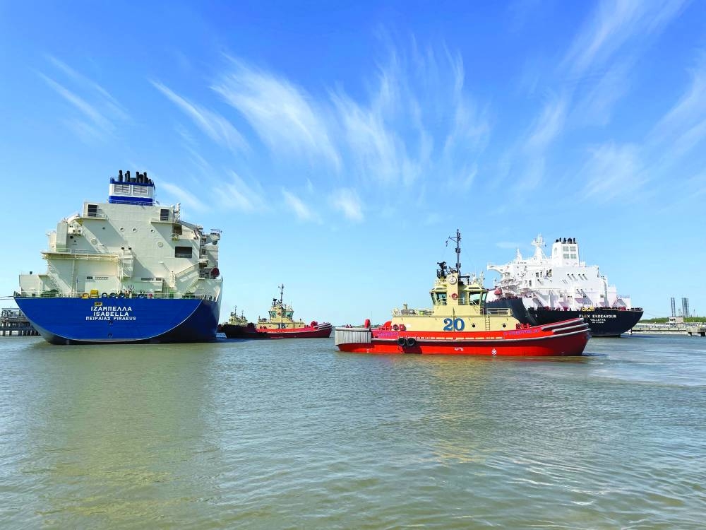 
An LNG tanker is guided by tug boats at the Cheniere Sabine Pass LNG export unit in Cameron Parish, Louisiana. US liquefied natural gas exports have extended a record-breaking run as new projects increased production, a trend that could help to ease high prices in Europe and Asia. 