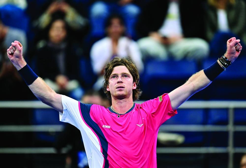 Russia’s Andrey Rublev celebrates after winning his quarter-final against Australia’s Alex de Minaur in Doha on Thursday.