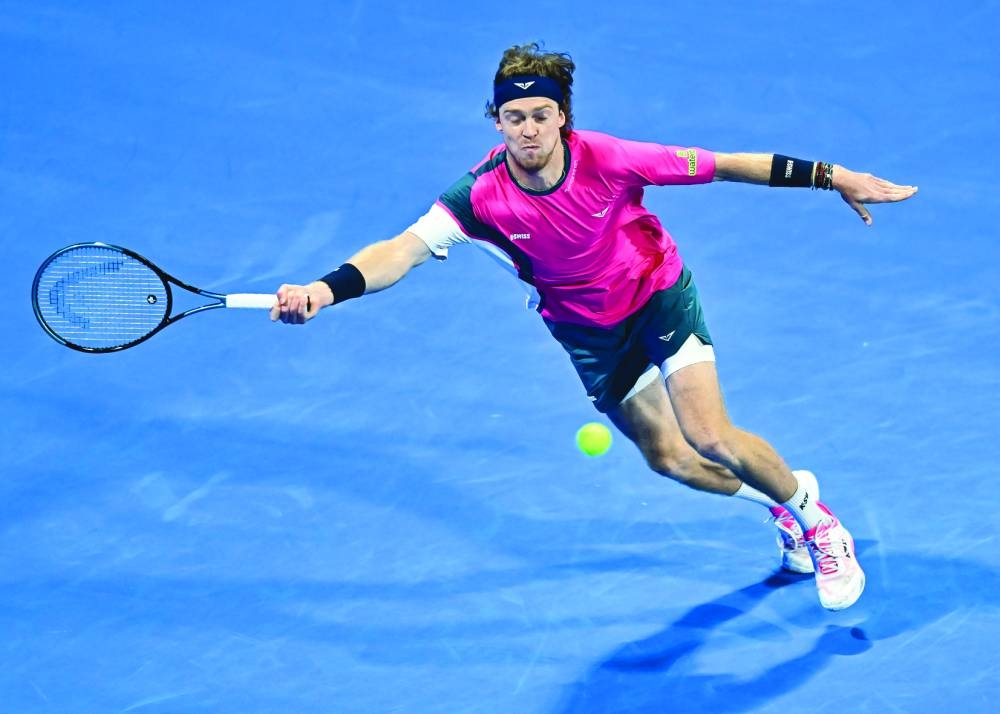 Andrey Rublev of Russia in action against Felix Auger-Aliassime of Canada during their Qatar ExxonMobil Open semi-final at the Khalifa International Tennis Complex in Doha on Friday. PICTURE: Noushad Thekkayil