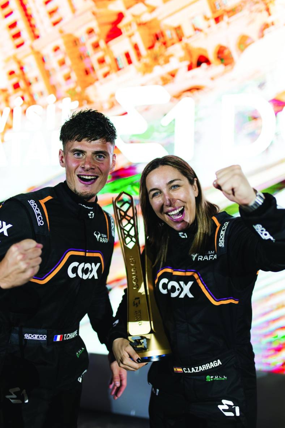 Team Rafa’s pilots Cris Lazarraga (right) of Spain and Frenchman Tom Chiappe celebrate after winning the Visit Qatar E1 Doha GP, the second round of the UIM E1 World Championship, at the Pearl Island on Saturday.
