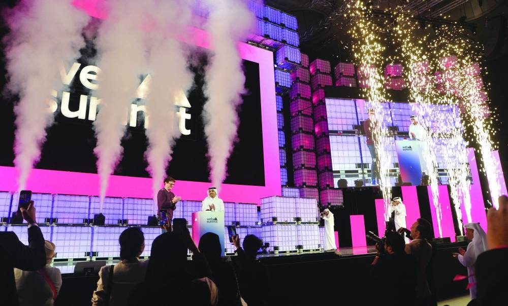 HE the Prime Minister and Minister of Foreign Affairs Sheikh Mohammed bin Abdulrahman bin Jassim al-Thani opening the Web Summit Qatar 2025, with Web Summit founder and chief executive Paddy Cosgrave beside him. PICTURES: Shaji Kayamkulam