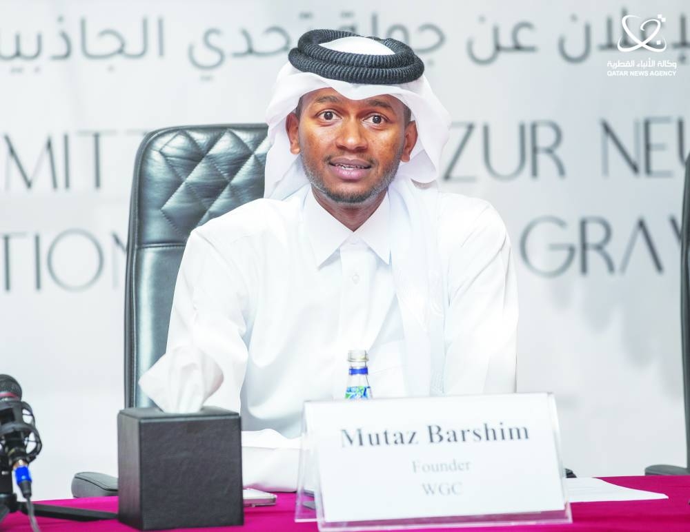 
High jump icon Mutaz Barshim speaks during a press conference. 