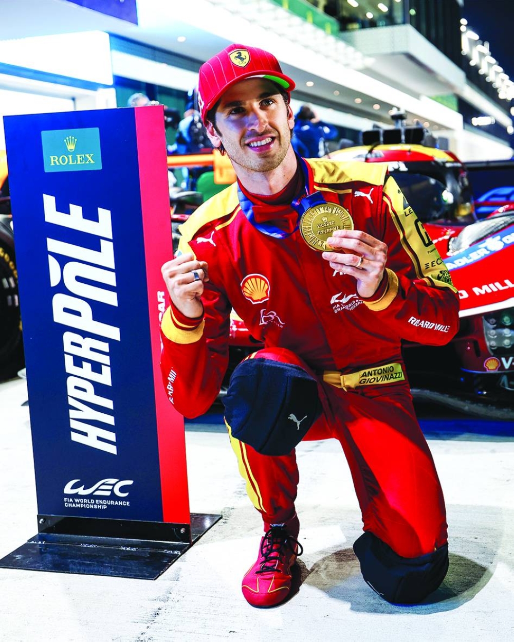 
Antonio Giovinazzi celebrates after taking the pole position. 