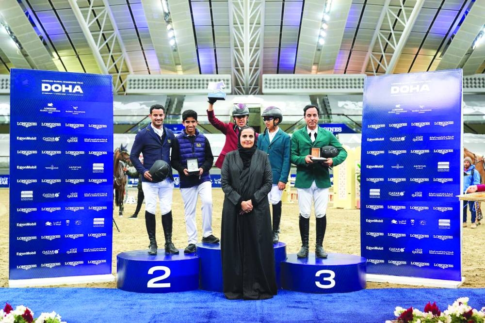 Chairperson of Qatar Museums HE Sheikha Al Mayassa bint Hamad bin Khalifa al-Thani crowned the podium winners of the CSI1* 1.1m class at the Longines Global Champions Tour at Al Shaqab on Thursday. Qatar’s Abdulaziz bin Jassim al-Thani won the event followed by Saudi Arabia’s Nasser Albagami and Fahad Aljuaid respectively.