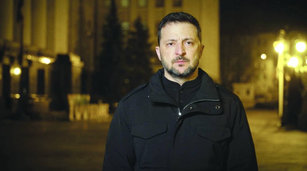 
Ukrainian President Volodymyr Zelensky readies to address the nation in Kyiv yesterday. (AFP) 