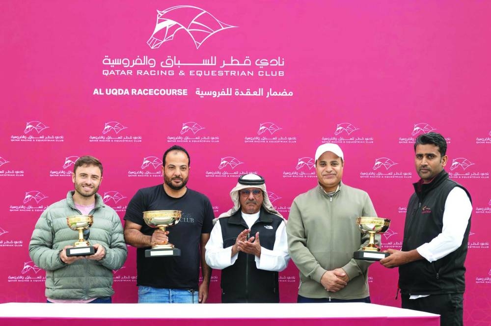 Connection of Al Muthqafah celebrate after the filly won the Al Wakra Cup at the Al Rayyan Racecourse Thursday. PICTURES: Juhaim