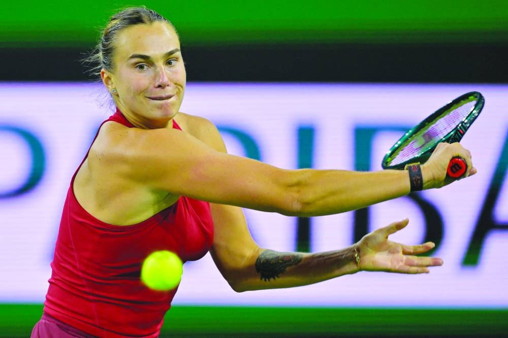 
Aryna Sabalenka of Belarus hits a shot against McCartney Kessler (not pictured) during their second-round match of the BNP Paribas Open. 