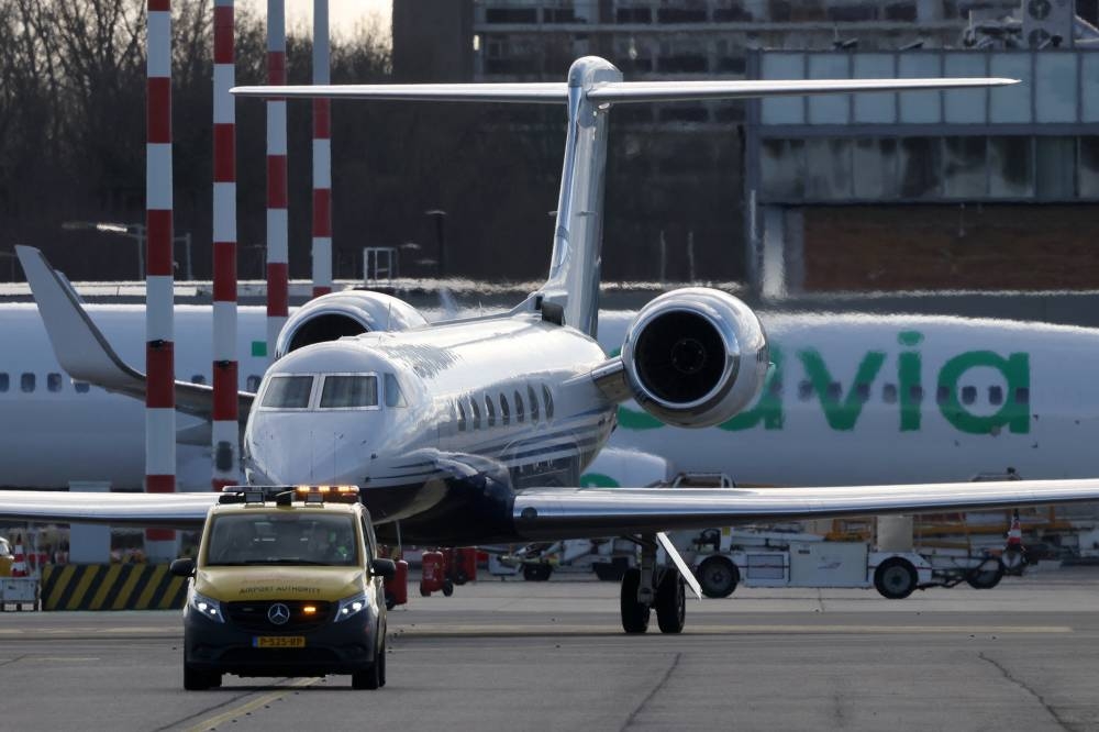 An aircraft carrying former Philippine President Rodrigo Duterte arrives at Rotterdam The Hague Airport following Duterte's arrest at the request of the International Criminal Court, in Rotterdam, Netherlands, Wednesday. REUTERS