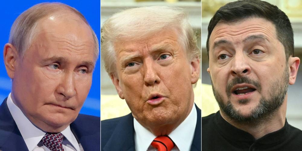 L-R:  Putin, Trump and Ukraine's President Volodymyr Zelensky