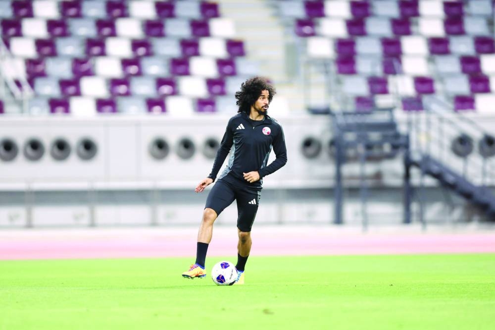 
Qatar forward Akram Afif trains ahead of the match against North Korea. 