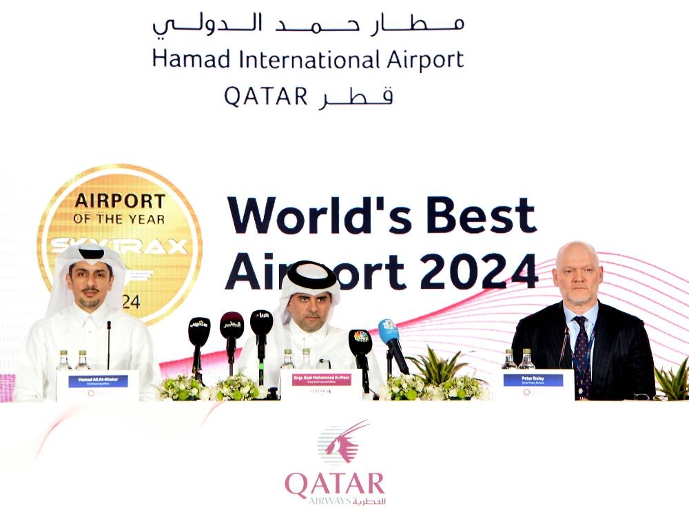 Qatar Airways Group CEO engineer Badr Mohammed al-Meer is flanked by Hamad International Airport chief operating officer Hamad Ali al-Khater and senior project director Peter Daley at the press conference Wednesday. PICTURES: Shaji Kayamkulam