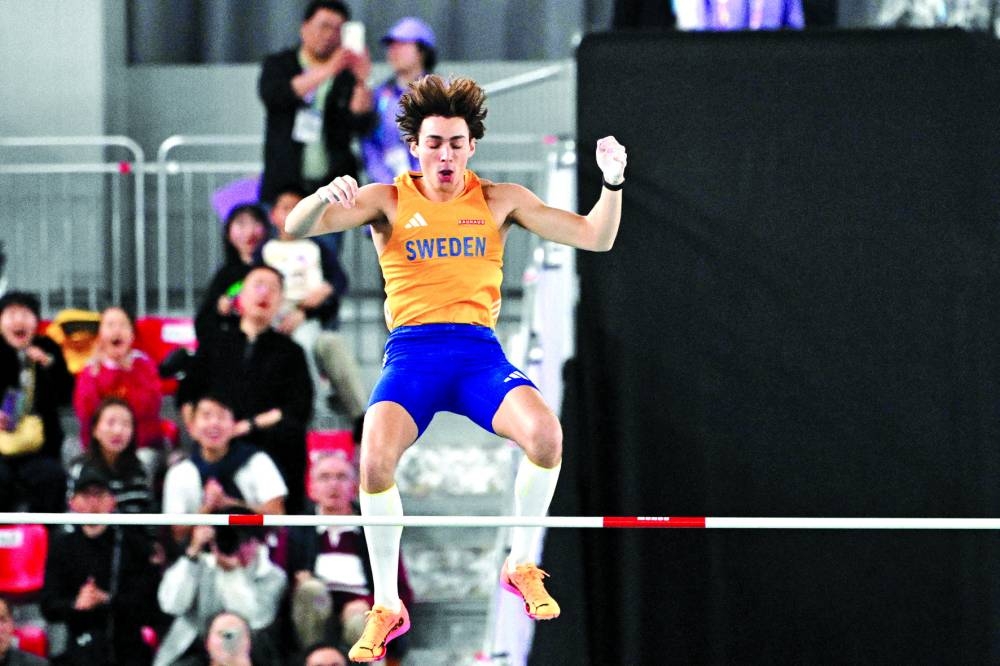 
Sweden’s Armand Duplantis competes in the men’s pole vault final during the Indoor World Athletics Championships in Nanjing, in eastern China’s Jiangsu province. (AFP) 