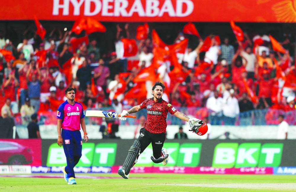 
Sunrisers Hyderabad’s batsman Ishan Kishan is a picture of absolute joy after reaching his century against Rajasthan Royals during an IPL match in Hyderabad yesterday. (Reuters) 